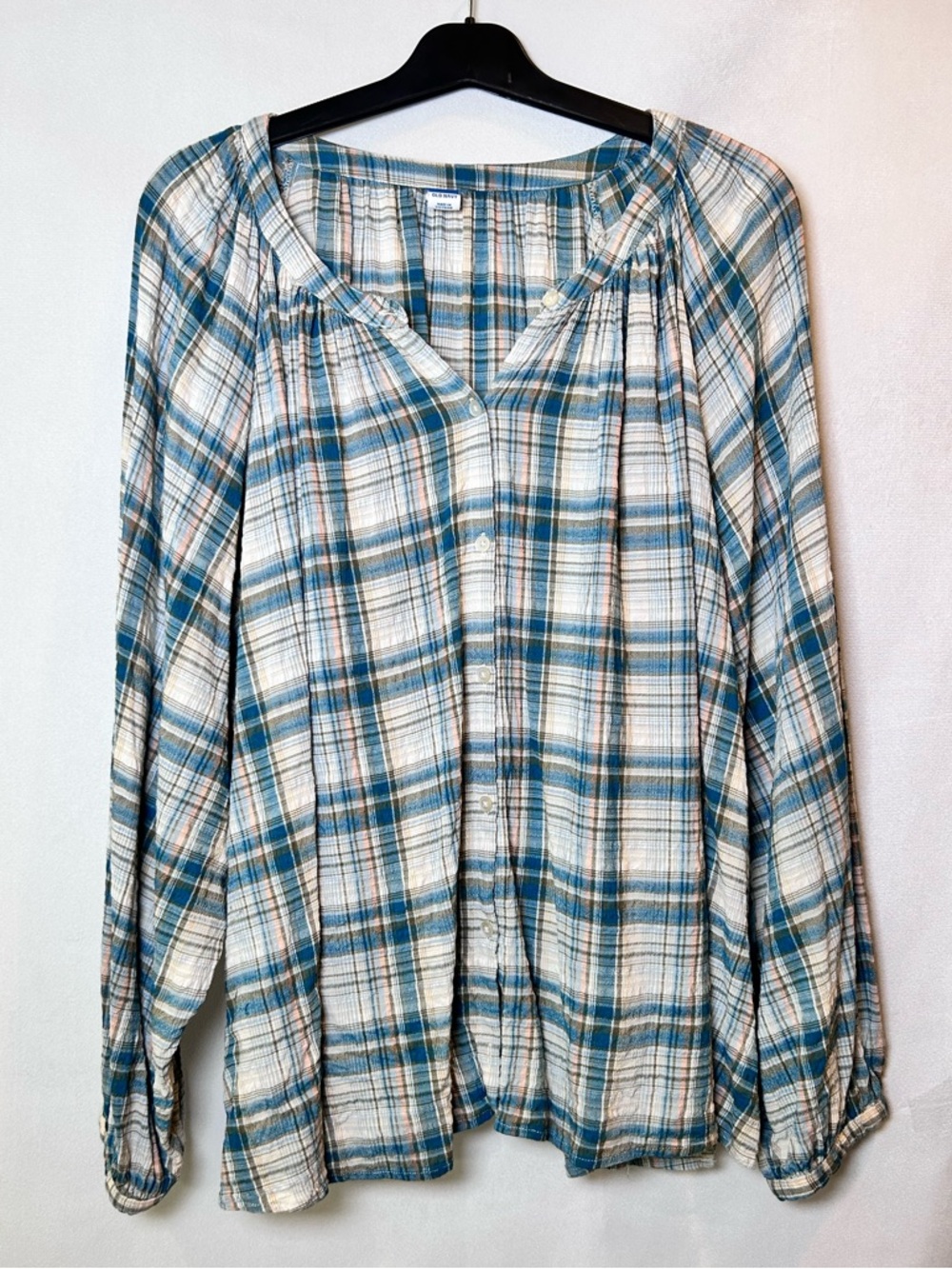 Old Navy Blue Plaid Peasant Boho Button Down Blouse Top Long Sleeve XXL